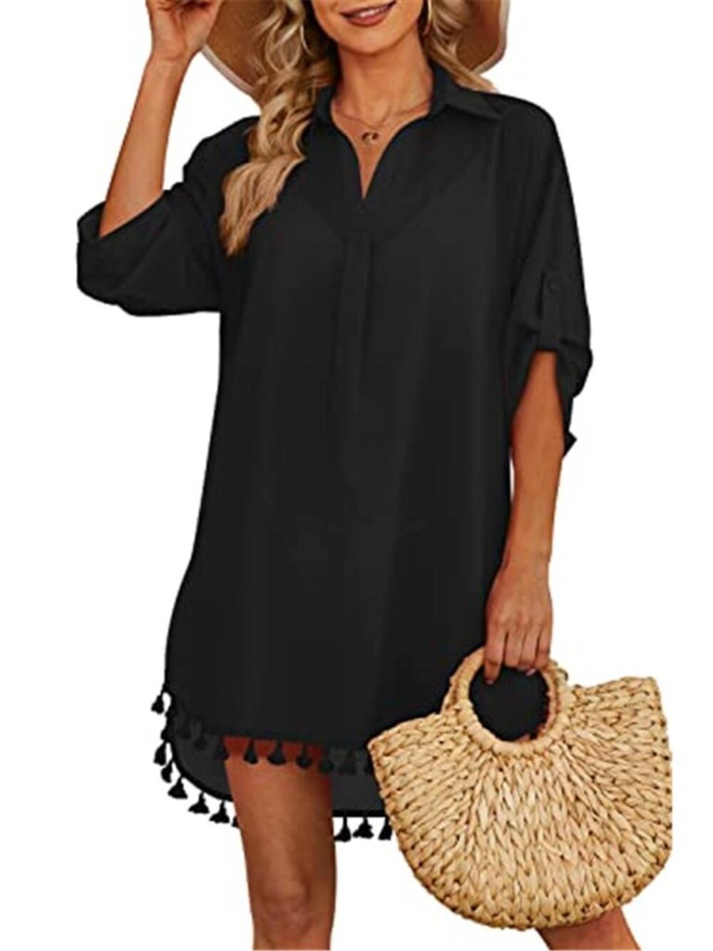 Yincro Black Tassel Swim Cover Up Collared Beach Tunic Dress